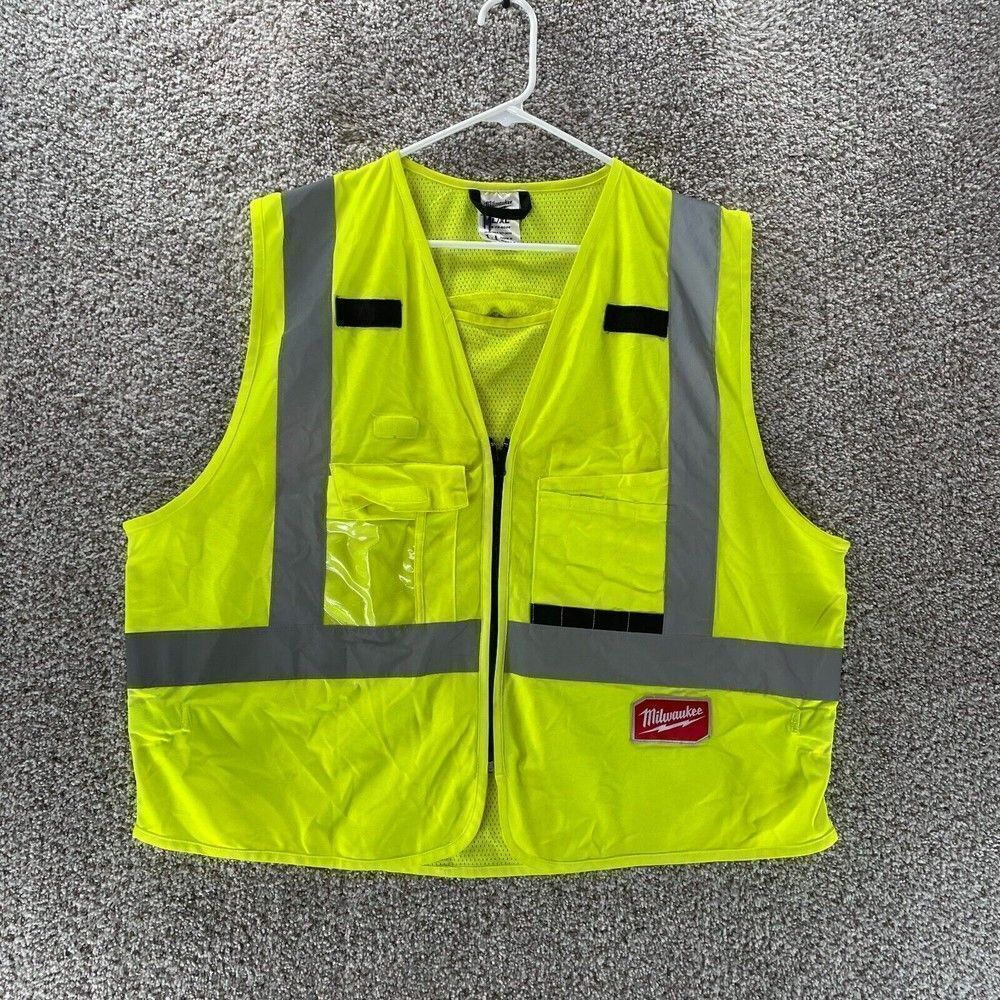 Milwaukee Safety Vest Adult Large Extra Large Neon Yellow Zip Up Logo Workwear